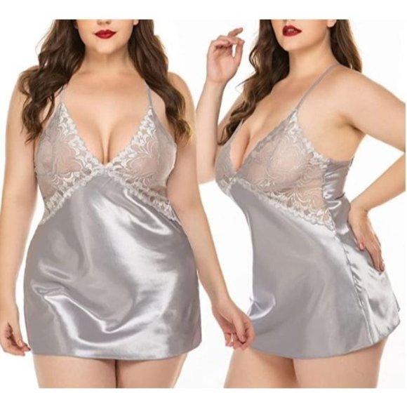 SIZE Small Thru 3X - Silver- Classic Collection - Lace Chemise with G-String - Picture 1 of 4